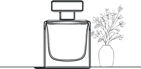 A minimalist line art illustration of a perfume bottle beside a flower vase. Black on transparent background.