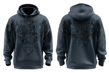 Dark, intricate graphic hoodie.  Front and back views