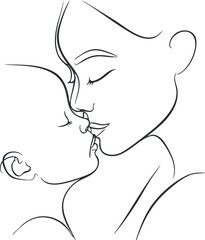 A tender line art illustration of a mother and child sharing a loving moment together Black on transparent background.