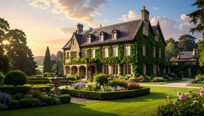 Fototapeta premium A stately stone mansion, adorned with lush greenery, sits amidst meticulously manicured gardens at golden hour.