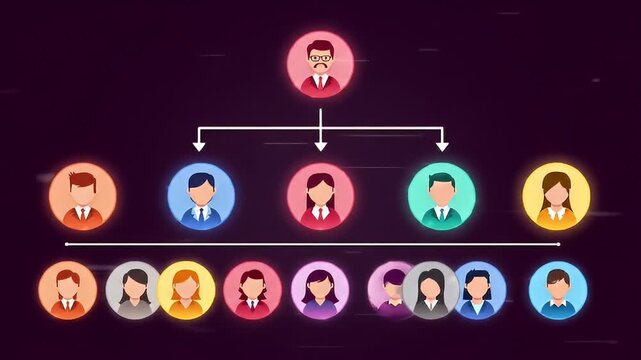 Cartoon organization chart, hierarchical structure, dark purple background, avatars in circles
