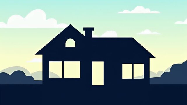 Stylized silhouette of a house with chimney under a cloudy, pale sky at dusk