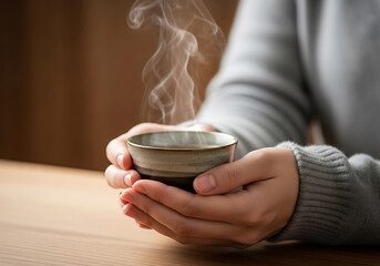 Woman's hands holding warm steaming cup in relaxing spa atmosphere