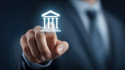 Businessman Emphasizing Bank Icon Against Vibrant Blue City Backdrop, Ideal for HighEnergy Financial Campaigns, Evoking a Sense of Determination and Focus.