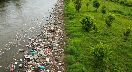 Riverbank littered with plastic waste. Lush green vegetation on the opposite side