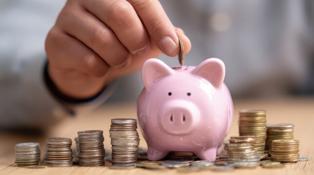Closeup Image of Man Depositing Coins into a Pink Piggy Bank with Stacked Coins, Perfect for Financial Campaigns or Inspiring Saving Goals Boosts Financial Aspirations.