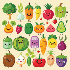 Fototapeta premium A vibrant collection of cute cartoon fruits and vegetables with happy smiling faces, including broccoli, carrots, peppers, and strawberries, on a light background.