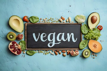 a chalkboard surrounded by fresh fruits vegetables nuts and seeds