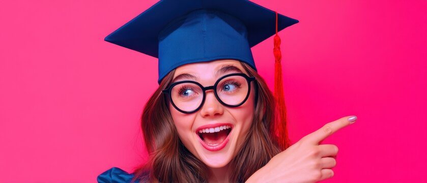 The Graduate Wearing Cap And Glasses Pointing To The Side With Joy - Powered by Adobe