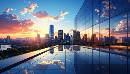 A stunning cityscape panorama reflected on a modern rooftop terrace at sunset, featuring a glass-walled building and a mirrored paved area.