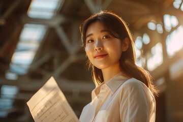 a successful businesswoman with a confident smile, holding a glowing financial report. Sunlight from a high window bathes her in warmth, contrasting the cool modern office's dynamic lines.