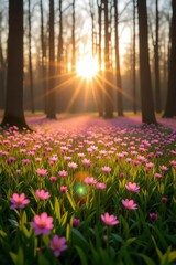 Obraz premium A vibrant forest floor covered in pink wildflowers, bathed in golden sunlight at sunrise.