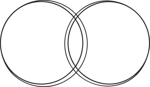 Two intersecting circles creating an abstract geometric design with overlapping shapes and symmetry. Black on transparent background.
