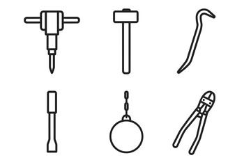 Outline icons of construction tools: jackhammer, sledgehammer, crowbar, chisel, wrecking ball, bolt cutters