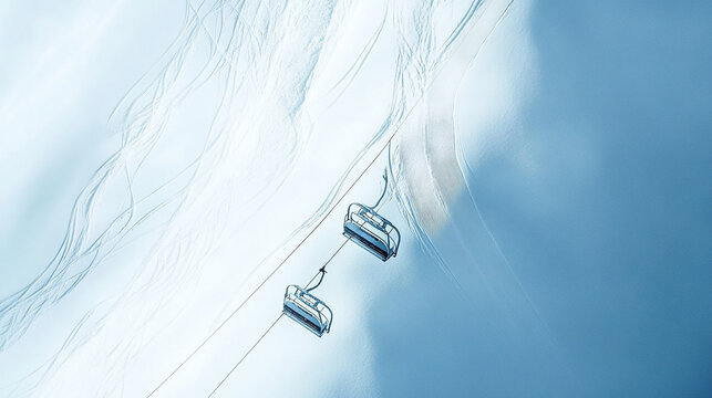 Aerial view depicts winter ski lift over vast snow covered landscape scene. - Powered by Adobe
