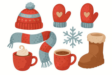 Cozy winter essentials: hat, mittens, scarf, snowflake, hot chocolate, and boot illustration