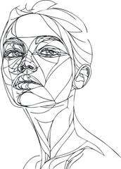 Abstract line art portrait of a female figure showcasing geometric shapes and minimalistic design. Black on transparent background.