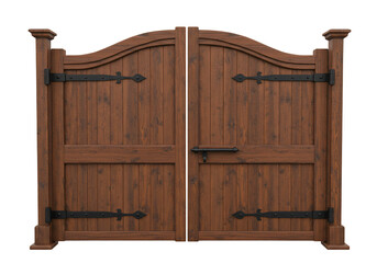 Brown wooden gate with black metal hinges and latch transparent background