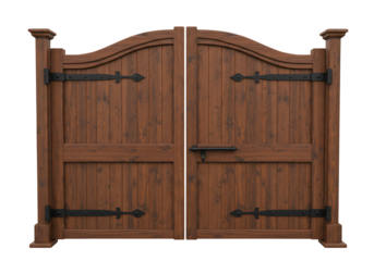 Brown wooden gate with black metal hinges and latch transparent background