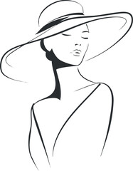 Stylish woman wearing a large hat in a minimalist line art illustration emphasizing elegance. Black on transparent background.