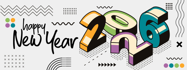 happy new year 2026 text design with modern calligraphy and abstract geometric background style. Creative Greeting card banner for 2026 colorful block numbers. Latest isometric Vector illustration.