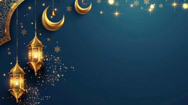 Elegant video background with a top-down angle, featuring golden lanterns and crescent moons on a deep blue backdrop, evoking a festive atmosphere. Live desktop wallpaper.