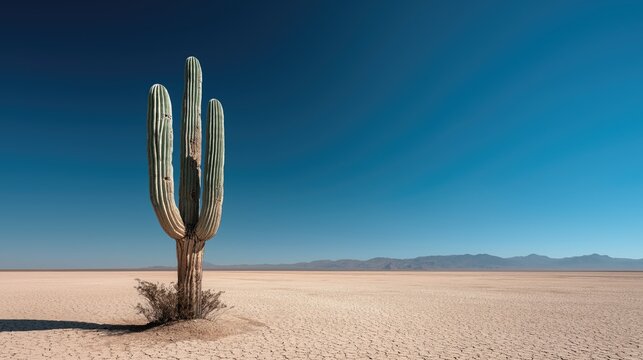 Lone cactus in vast desert with flat horizon.
