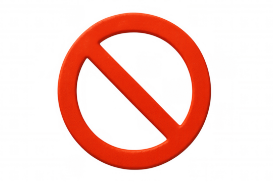 Circular red prohibition sign featuring warning symbol, blocking hazardous actions against transparent backdrop