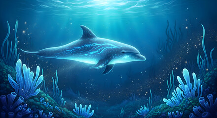 Fototapeta premium Dolphin Swimming Underwater in a Coral Reef