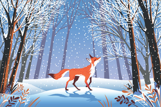 Winter vector landscape, nature panorama with red fox and trees under snow in the foreground, forest and flying snowflakes in the background. Can be used for gifts, banners, book covers etc.