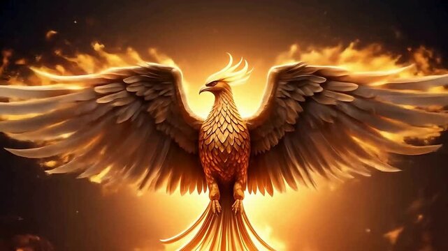 A phoenix rising from golden flames, flapping its mystical and powerful wings
