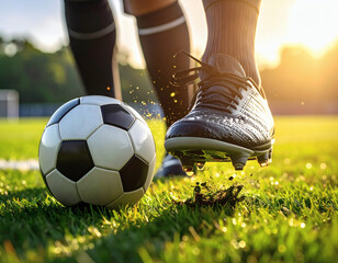 Fototapeta premium Soccer Kick Action Shot of Ball and Cleats on a Vibrant Green Field