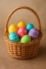 Wicker Easter basket filled with painted eggs