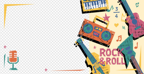 Music template crayon frame bg with sticker rock layout and retro instruments. Music template flyer border design shows microphone, guitar, boombox and grunge graphic for cover or invitation.