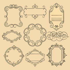 A collection of nine ornate, decorative vintage frames and borders in various shapes and styles, presented on a plain beige background.