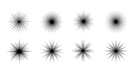 Set of Starbursts, Black Lines on White Background, Geometric Design Elements