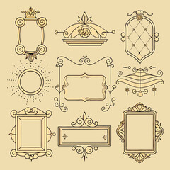 A collection of ornate, vintage-style decorative frames and borders with intricate scrollwork and embellishments, presented on a muted background.
