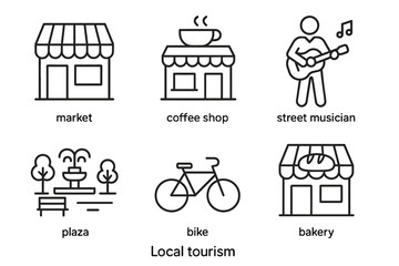 Local tourism icons: market, coffee shop, street musician, plaza, bike, bakery
