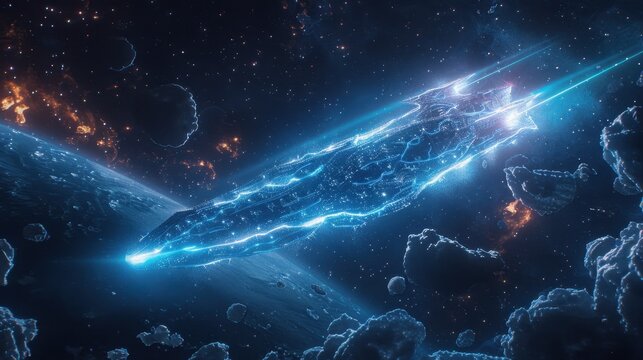 Ultra-detailed futuristic energy arrow glows with neon blue plasma, leaving a trail in dark space. Dramatic lighting on particle effects and asteroids. Telephoto 200mm perspective.