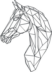 Abstract line art illustration of a horse's head in a geometric polygon style. Black on transparent background.