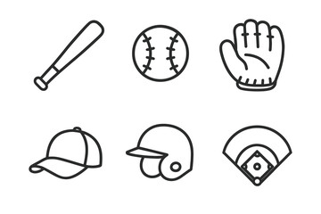 Fototapeta premium Baseball equipment icons: bat, ball, glove, cap, helmet, field