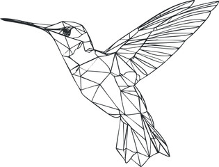 Fototapeta premium Stylized geometric illustration of a hummingbird in flight with intricate line details. Black on transparent background.
