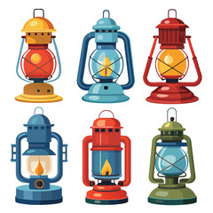 Illustration of six different vintage oil lanterns with various colors and designs, isolated.