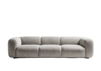 Light beige three-seat sofa with rounded, cushioned arms