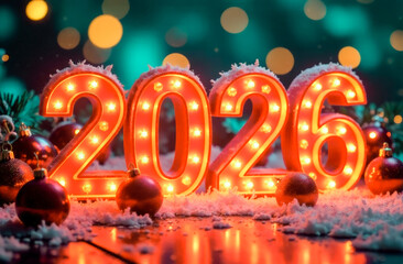 red numbers 2026 on a blurred background on the side. New Year's Eve celebration. greeting card, layout for advertising a store, cafe	
