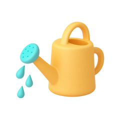 Yellow watering can with blue water drops isolated on transparent background