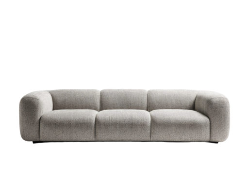 Light beige three-seat sofa with rounded, cushioned arms
