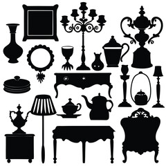 A collection of black silhouettes of antique furniture and decorative objects, including vases, lamps, tables, and ornate frames.