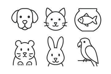 Fototapeta premium Simple line drawings of pets: dog, cat, fish, hamster, rabbit, parrot