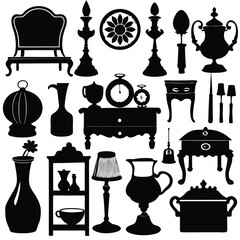 A collection of black silhouettes of antique and vintage household items, furniture, and decorative objects.